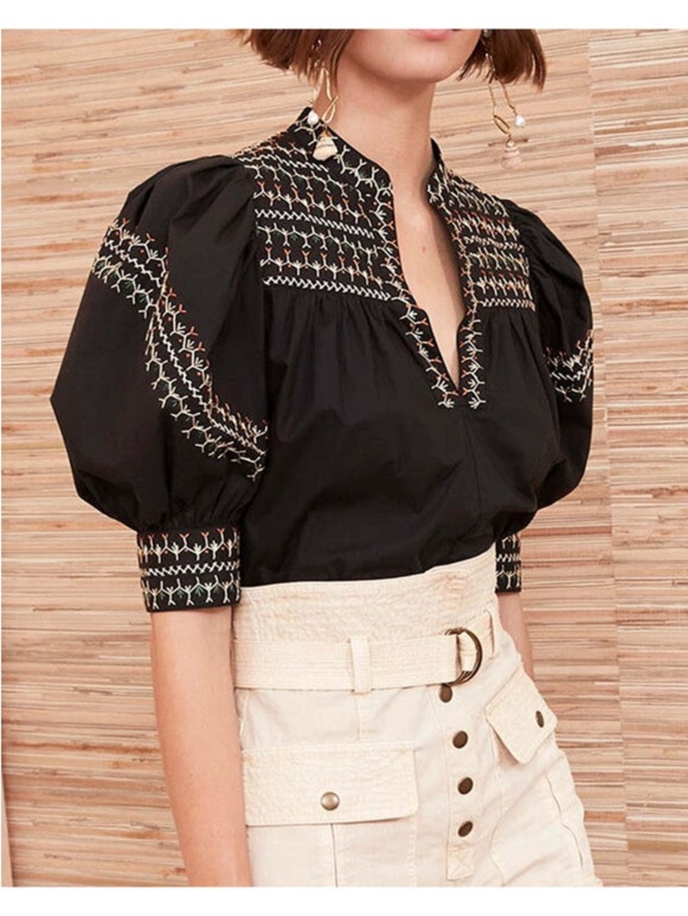 Sz 4 Ulla Johnson Noir Noam Top Black Embroidered Puff-Sleeve 100% Cotton